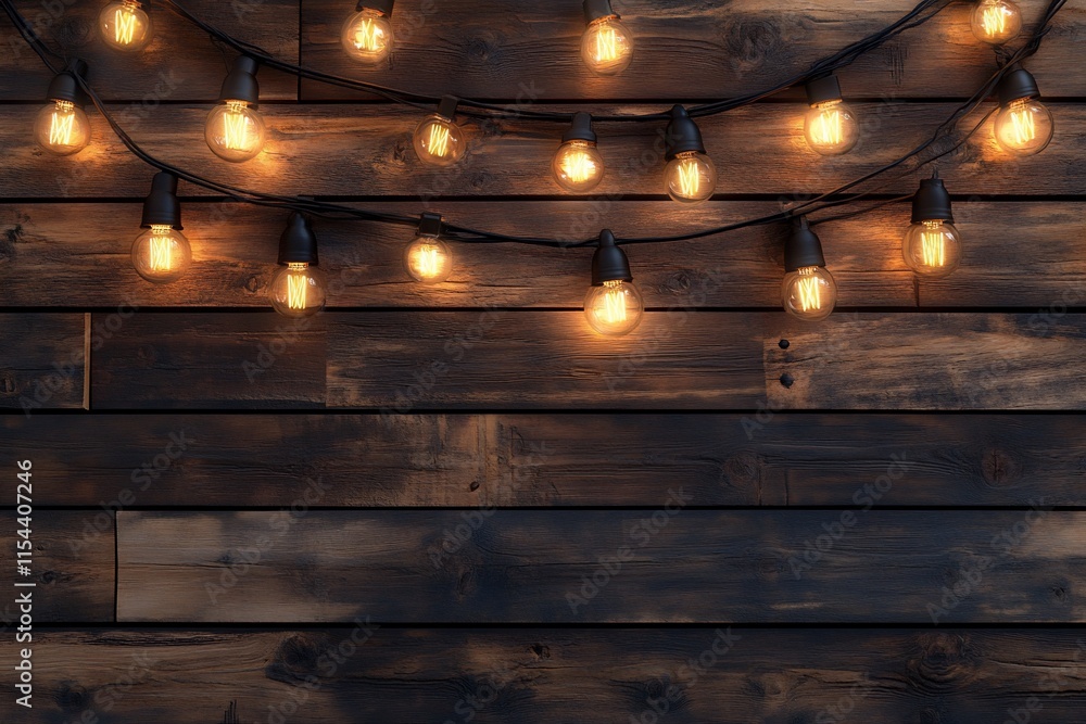 Poster warm string lights illuminate a rustic wooden background.