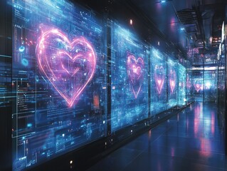 Obraz premium Futuristic Neon Hearts in Digital Corridor Reflecting Technology Love, Valentine's Day, Cyber Romance, Modern Art Concept