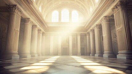 Light Rays Streaming Through Majestic Columns in Grand Hall