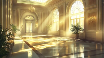 Obraz premium Elegant Sunlit Hallway with Luxurious Interior Design and Plants