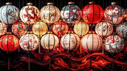 Colorful lanterns hanging together, illuminated against a dark background.