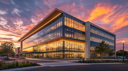 Obraz premium Sunset reflections on a modern office building facade, with the corporate hub illuminated under the evening sky