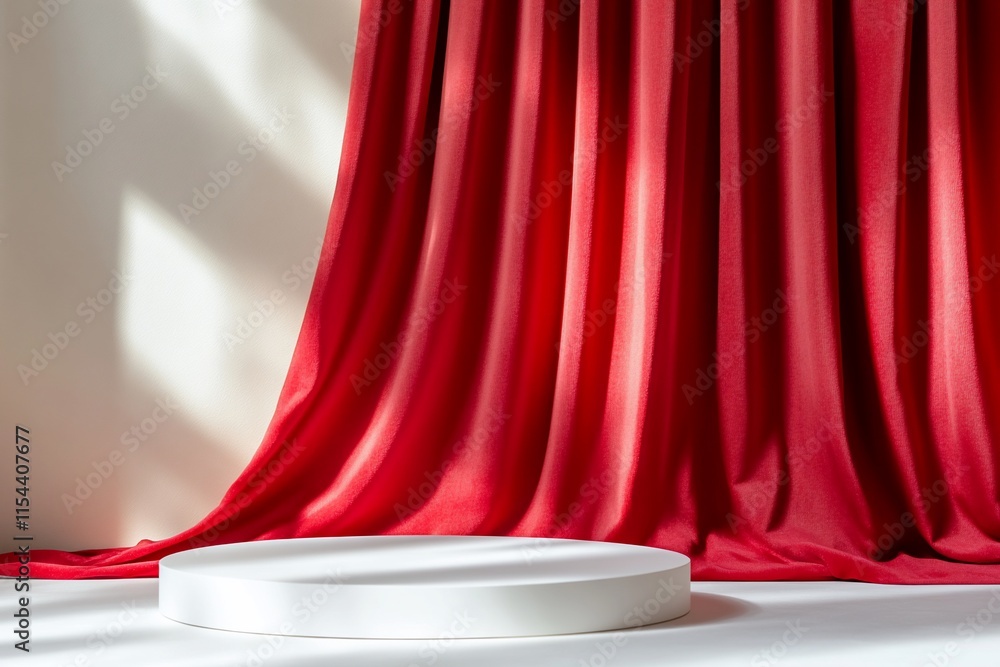 Poster a minimalist display area with red curtains and a circular platform.