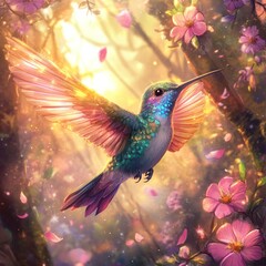 Obraz premium Hummingbird in flight, vibrant colors, flowers, sunlight.