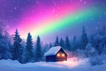 Cozy wooden cabin in snowy forest under incredible Northern lights in starry sky. Christmas...