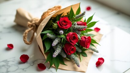 Cannabis bouquet with roses, lavender, and eucalyptus wrapped in hemp-tied recycled paper, resting on marble with rose petals and soft sunlight reflections.