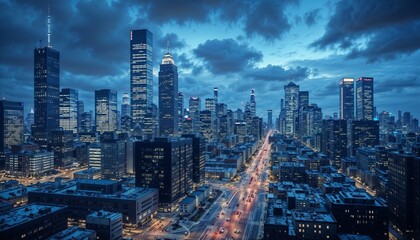 Night cityscape of a modern downtown skyline with illuminated buildings and roads
