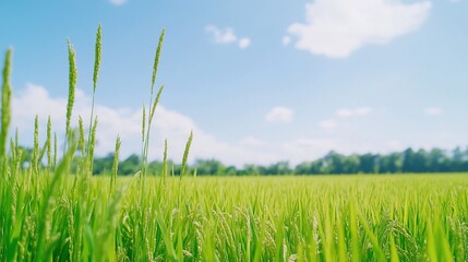 Obraz premium Lush green rice field under a bright blue sky with fluffy clouds.