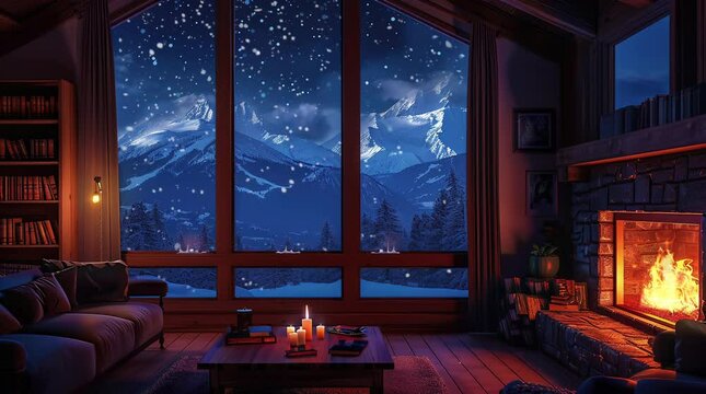 Cozy room with fireplace and window showing a magical fantasy night landscape  
Seamless looping 4k time-lapse virtual video animation Generated AI