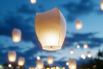 Floating lanterns illuminate the night sky, creating a serene atmosphere.