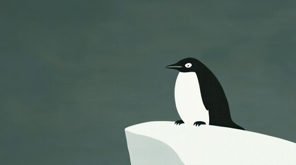 Fototapeta premium Solitary Penguin Perched on an Iceberg Against a Serene Gray Background in a Minimalist Style