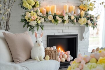 A beautifully decorated and vibrant Easter scene featuring a serene white rabbit, adorned with pastel flowers, and softly glowing candles, truly embodying the joyous spirit of Easter celebrations