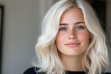 Naklejka premium A vibrant portrait of a smiling young woman showcasing her natural beauty, including her blonde hair and charming freckles, set in a softly lit and inviting space.