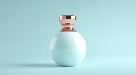 Light blue perfume bottle with rose gold cap on a light blue background.