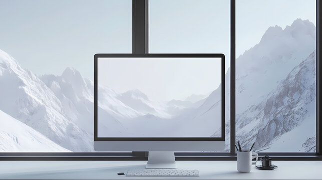Moderno vazio home office room interior com parede em branco, computador, mesa, estante mockup frame. Hinterland. Illustration