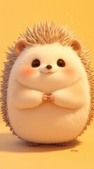 A cute, fluffy hedgehog with a cheerful expression, holding its paws together.