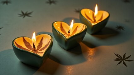 Ceramic heart-shaped candle holders with cannabis leaf carvings, glowing softly with green and golden candlelight, casting intricate cannabis-shaped shadows.