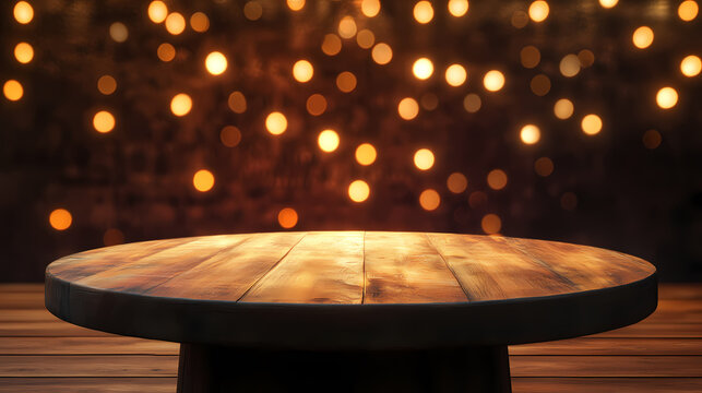Tampo de mesa de madeira redonda vazio em fundo abstrato de luzes de de um bar desfocadas, fundo para uso em montagem de produtos para venda. Hinterland. Illustration