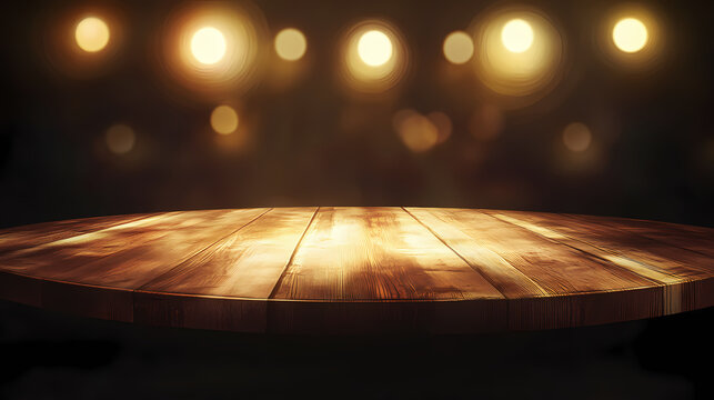 Tampo de mesa de madeira redonda vazio em fundo abstrato de luzes de de um bar desfocadas, fundo para uso em montagem de produtos para venda. Hinterland. Illustration