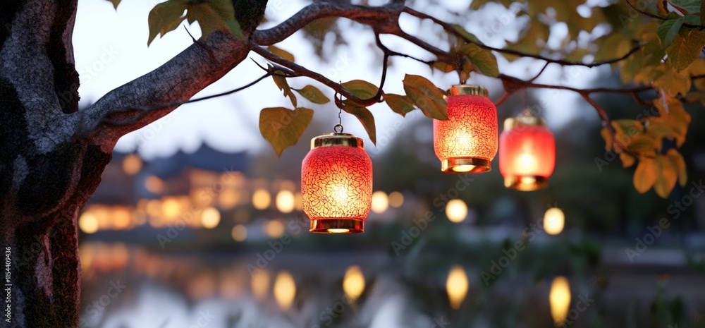 Poster red lanterns hanging from a tree by a tranquil lake at dusk.