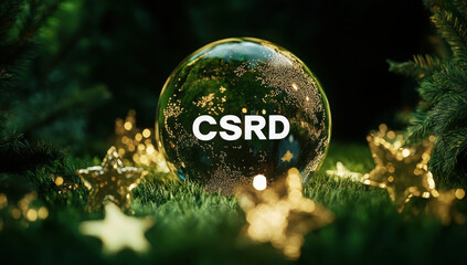 picture of a glass globe with "CSRD" etched on it, resting on a bed of moss surrounded by small gold stars, representing the EU's Corporate Sustainability Reporting Directive.
