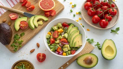 Colorful salad preparation with fresh ingredients on a wooden table during a sunny afternoon