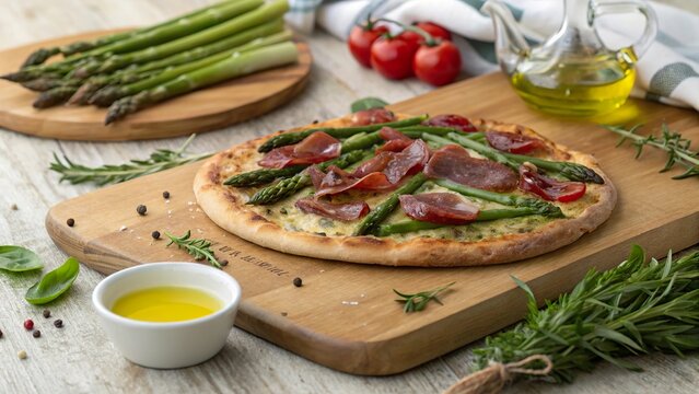 Delicious pizza with fresh vegetables and prosciutto on a rustic wooden cutting board with olive oil and asparagus