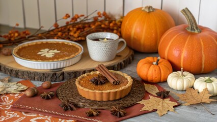 Seasonal arequipe dessert setting featuring autumn-themed decorations and pumpkins