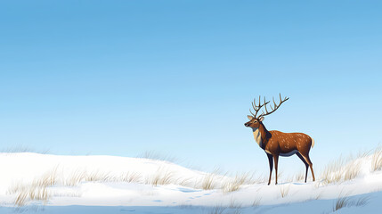 Obraz premium Deer standing gracefully on white sand dunes against a clear blue sky. Hinterland. Illustration