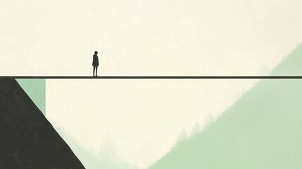 Solitary Figure Standing on a Bridge Overlooking Expansive Landscape in Minimalist Style