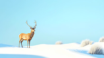 Obraz premium Deer standing gracefully on white sand dunes against a clear blue sky. Hinterland. Illustration