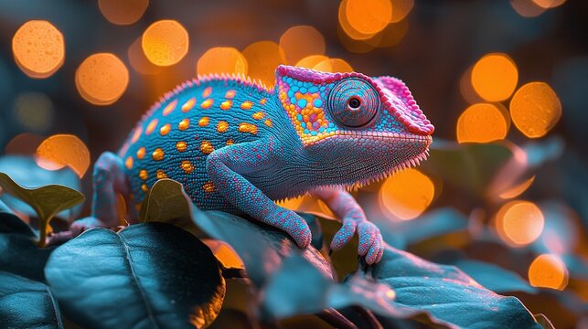   A chamelon on a green plant, with blue and orange tones, against a background of bokeh lit lights