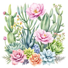 Fototapeta premium Botanical illustration, succulent garden, pastel colors