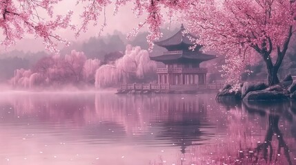 Obraz premium Serene cherry blossom lake scene with traditional asian pavilion at sunrise