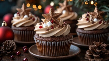 Festive chocolate cupcakes with star toppers and holiday decorations. Merry Christmas. Happy New Year