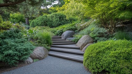 Jard&iacute;n con escaleras de madera y plantas verdes