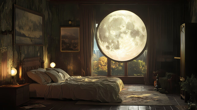 Interior de um quarto aconchegante com uma grande janela e a lua. Hinterland. Illustration