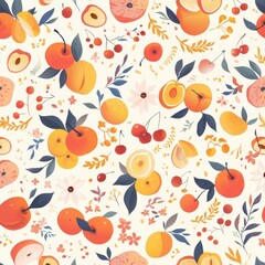 A vibrant pattern featuring various fruits and floral designs.