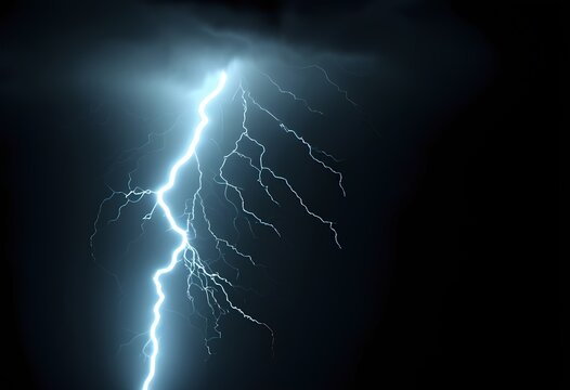 A vivid lightning bolt strikes the dark sky, illuminating the surrounding clouds with its electric glow.