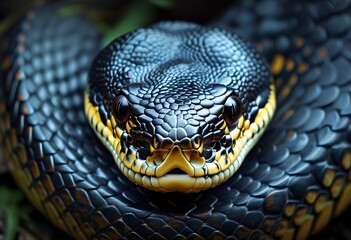 Obraz premium A close-up of a snake's head showcasing its detailed scales and piercing eyes