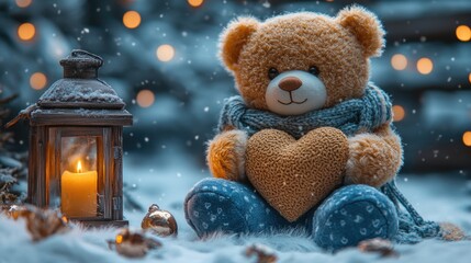 Cozy teddy bear with heart and candle in winter wonderland. The 14th of February. Happy Valentine's Day