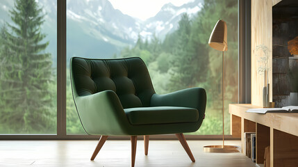 Modern green accent chair with wooden legs. Hinterland. Illustration