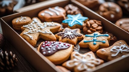Decorative christmas cookies in assorted shapes and festive colors in a box