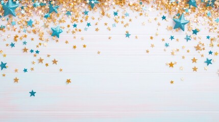 Colorful star confetti on light wooden background with blue and gold glitter Happy 4th of July, Independence Day USA