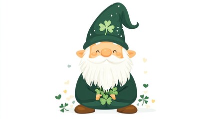 Cheerful gnome with shamrocks and green hat. Happy St. Patrick's Day