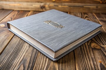 Intricate details of a grey wedding album, captured in macro photography, rest on weathered wood.
