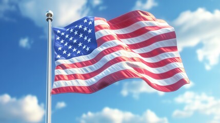 Fototapeta premium American flag waving against blue sky with clouds Happy 4th of July, Independence Day USA