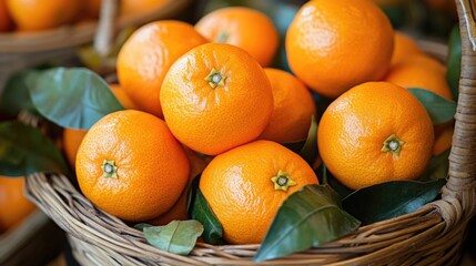 Fresh juicy oranges in a rustic woven basket with green leaves. Merry Christmas. Happy New Year