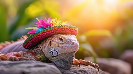 Naklejka premium Iguana wearing vibrant hat in sunlit garden setting Happy Cinco de mayo