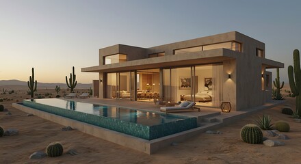 Fototapeta premium Desert Modern House Infinity Pool Sunset View Luxury Villa Architecture